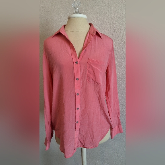 100% SILK ANN TAYLOR Button Up Long Sleeve Pocket Shirt/ Blouse Med Pink - Picture 3 of 13